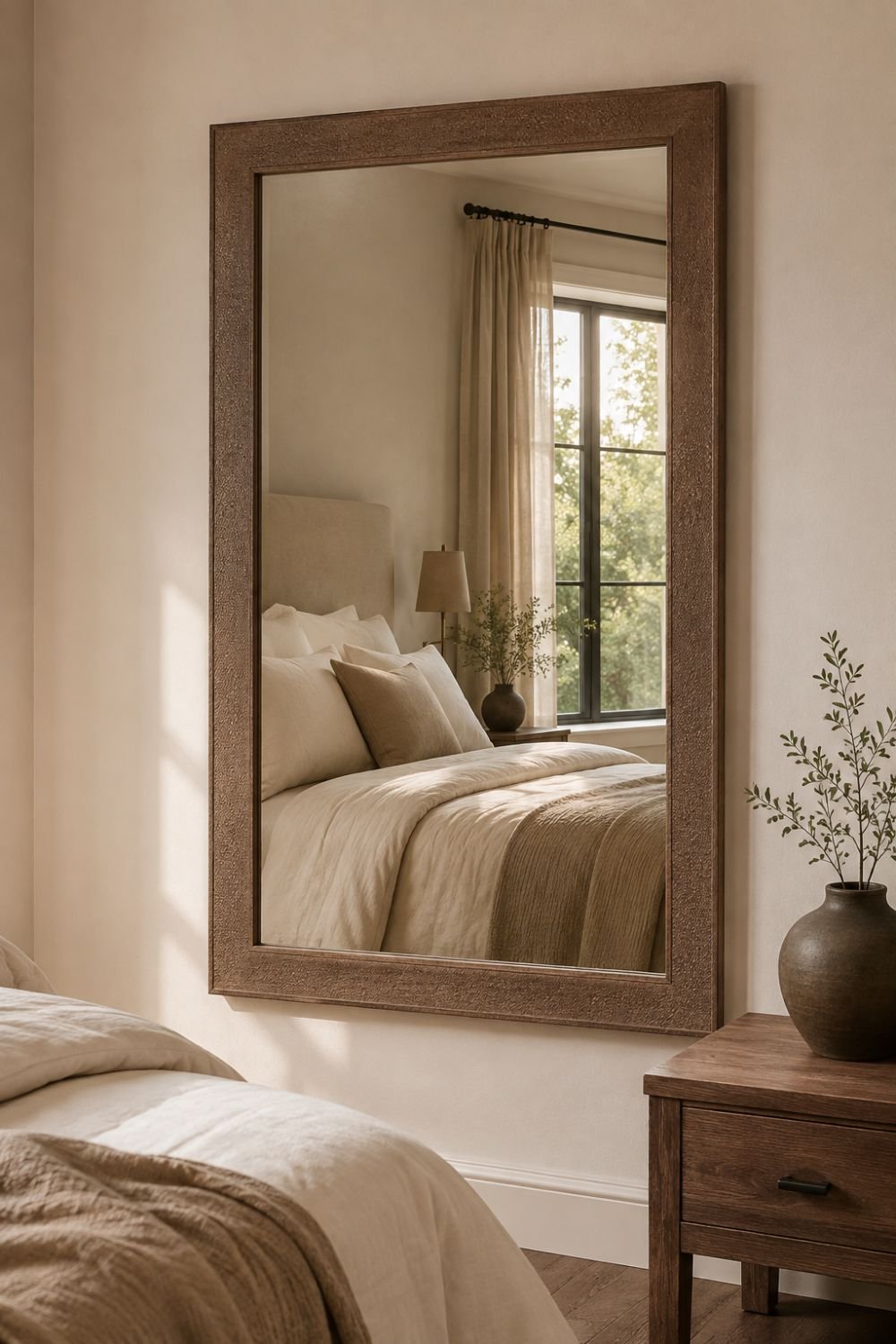 framed mirror mocha mousse bedroom idea