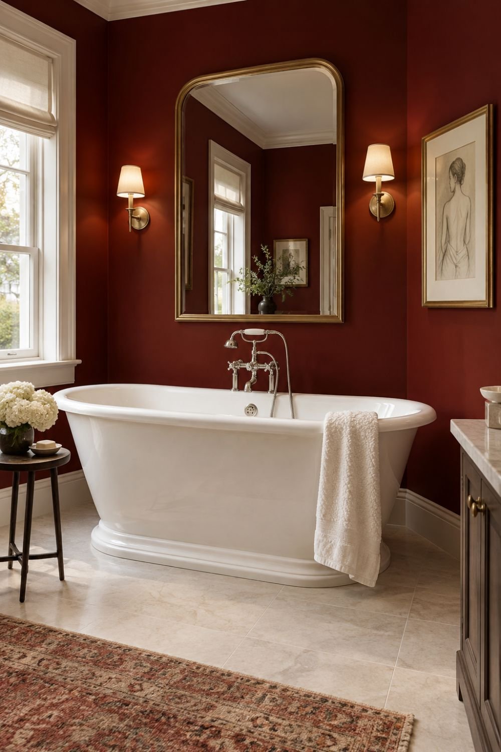 freestanding tub red bathroom decor idea