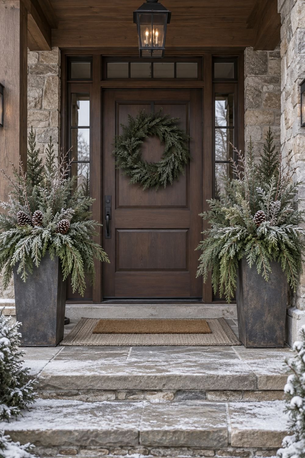 frosted planters winter front porch idea