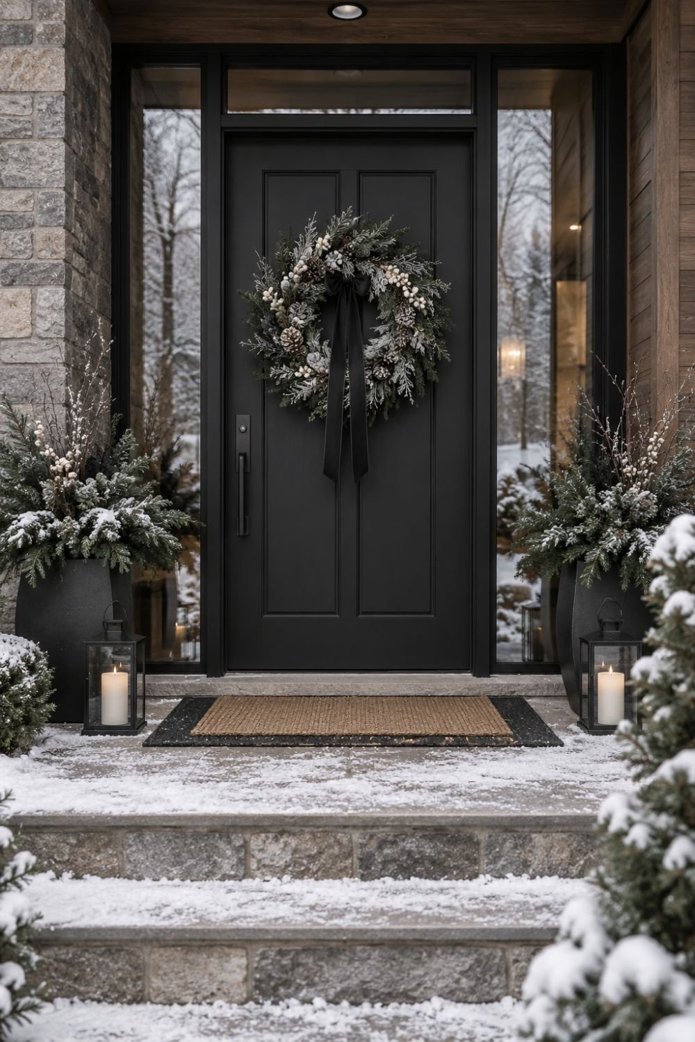 frosted wreath winter front porch idea