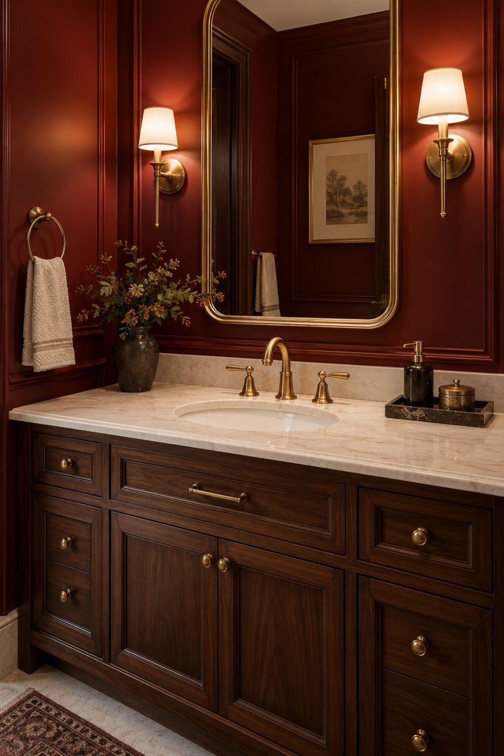 gold fixtures red bathroom decor idea