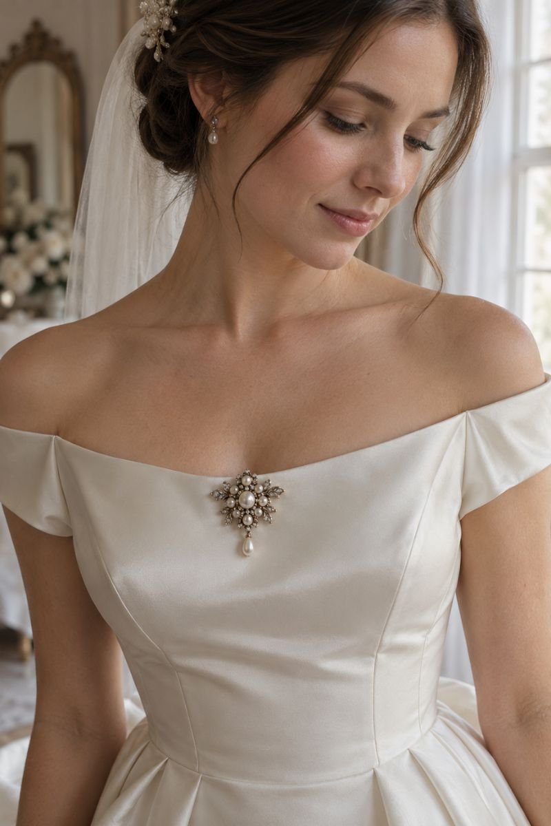 heirloom brooch pinned on bridal gown neckline
