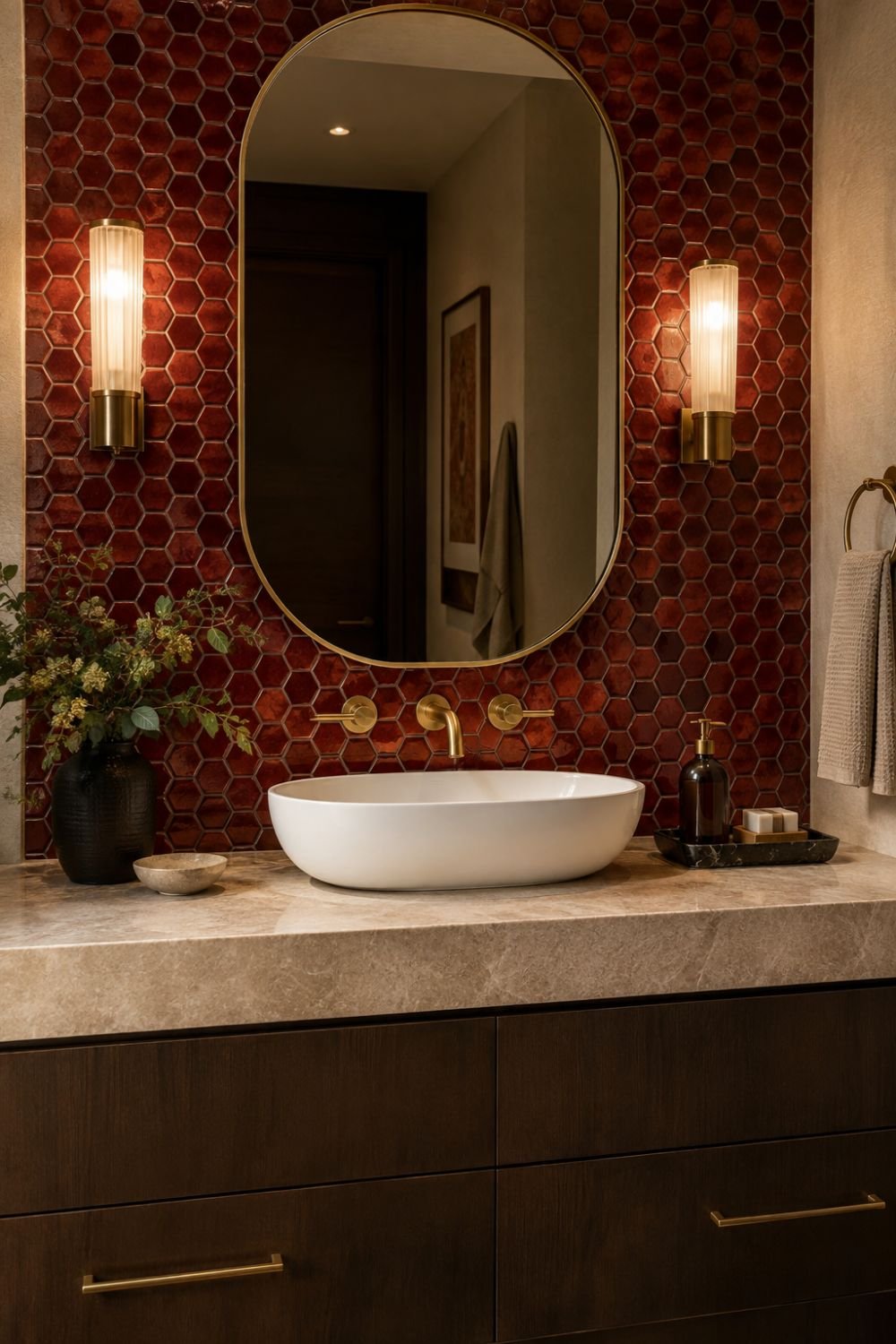 hexagon tile red bathroom decor idea