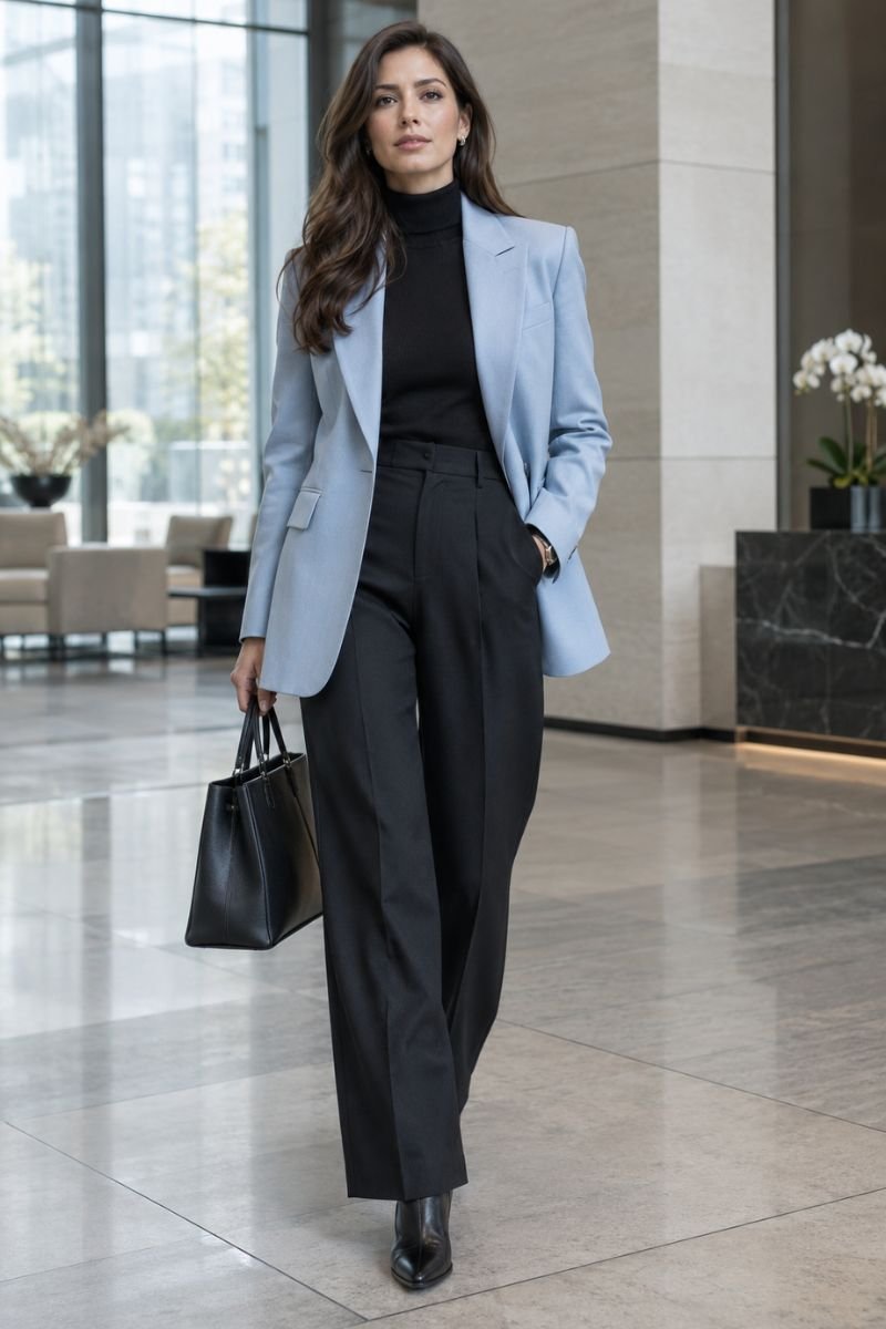 ice blue blazer over black turtleneck