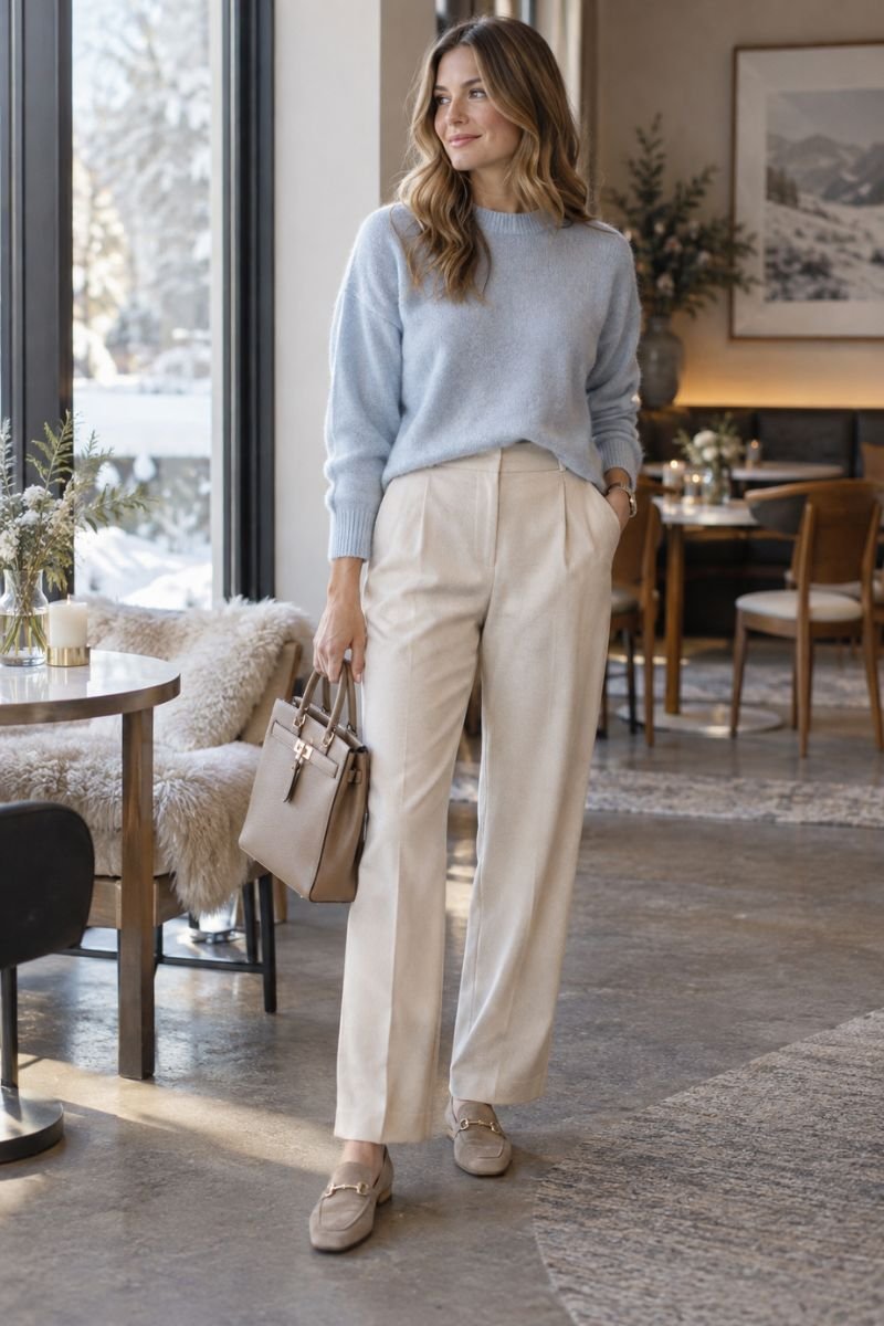 icy blue cashmere sweater with neutral trousers