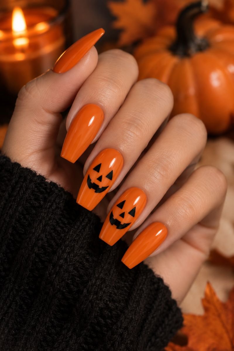 jack o lantern pumpkin halloween nail design