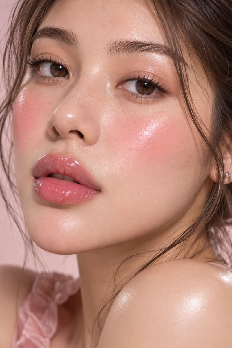 jelly blush and glassy lip pairing idea