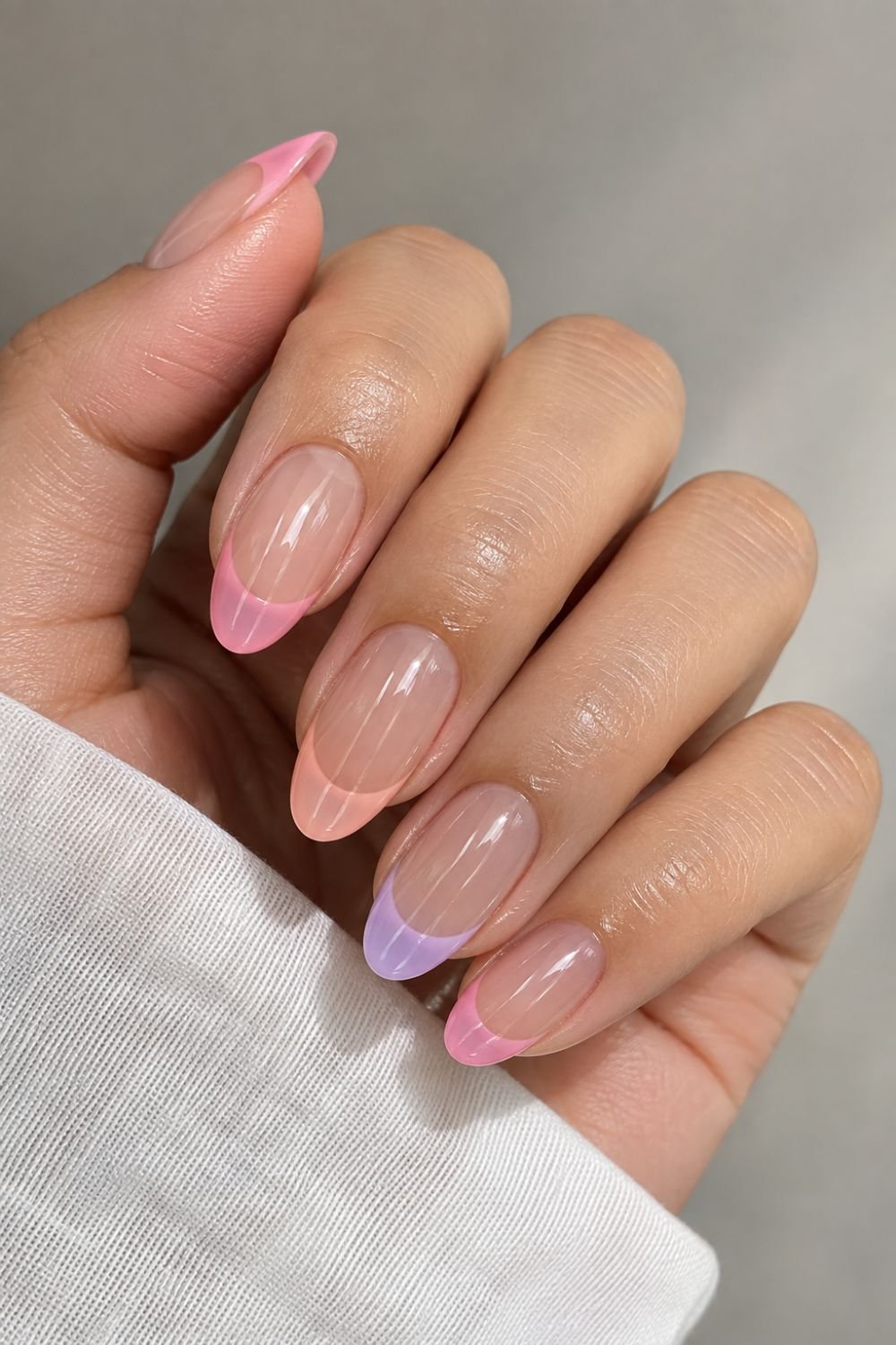 jelly french tip nails in pastel color]
