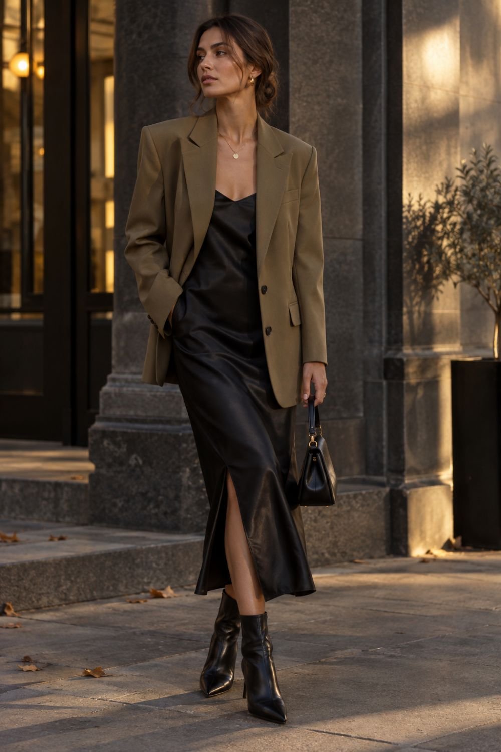 khaki blazer outfit idea over a black slip dress