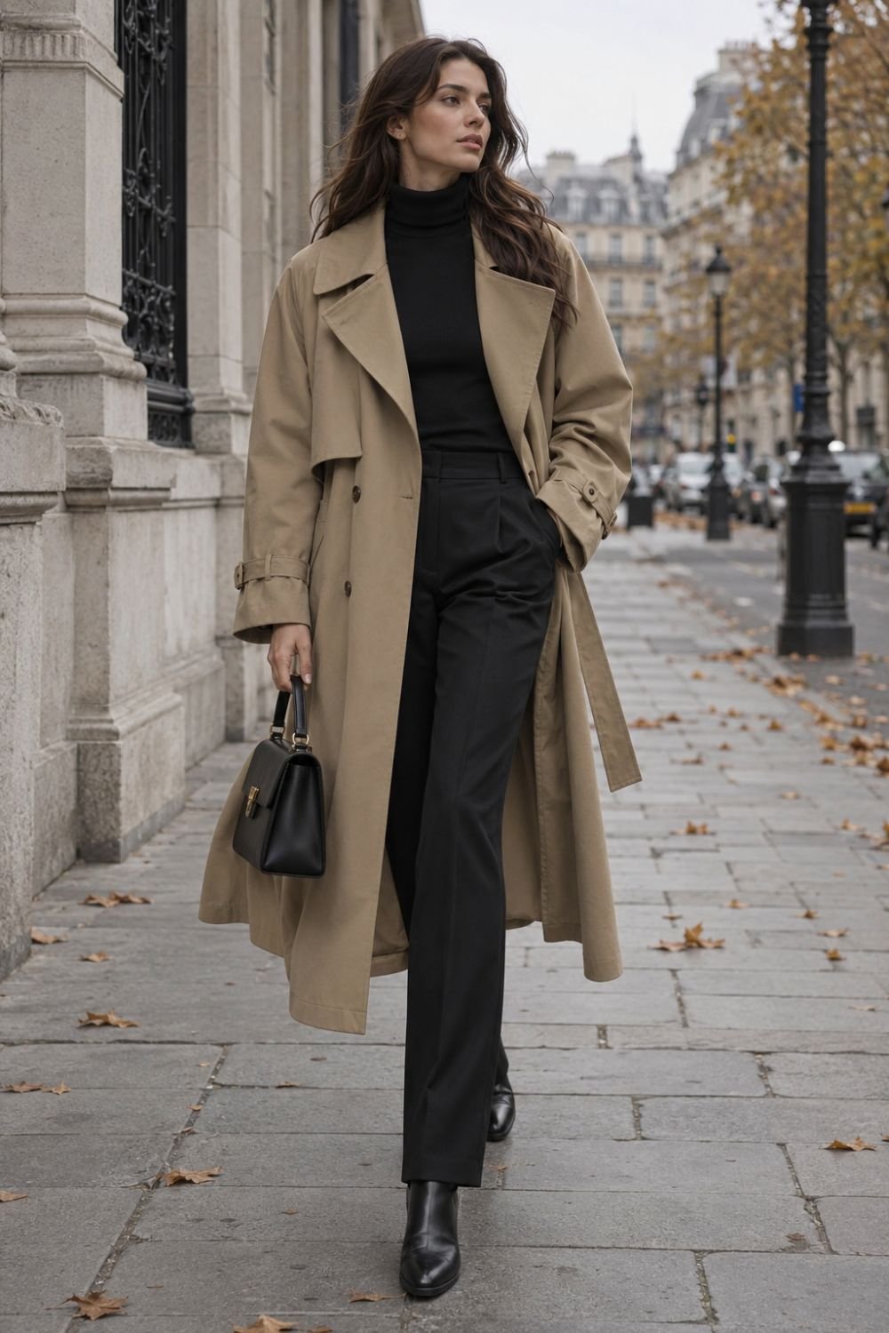 oversized khaki trench coat outfit idea for fall
