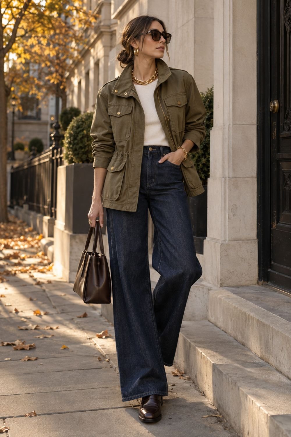 khaki utility jacket outfit with chunky gold jewelry