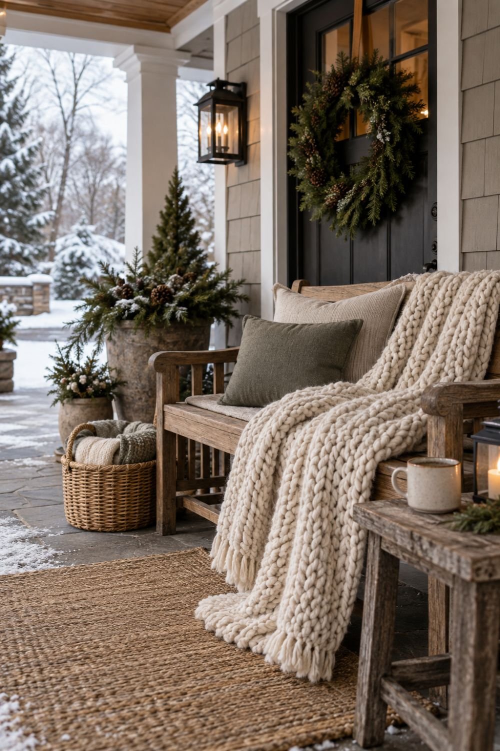 knit throw winter front porch idea