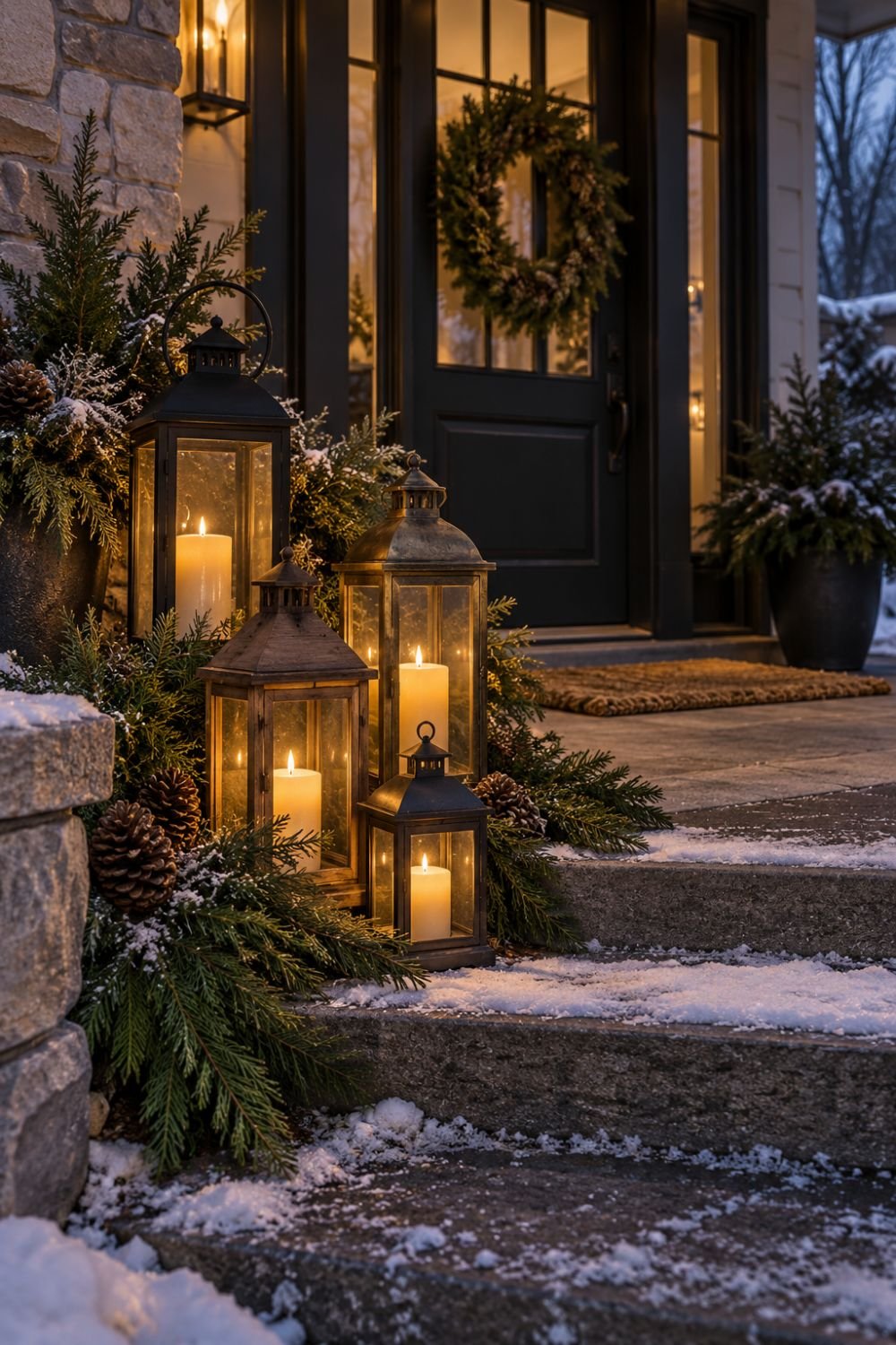 lanterns winter front porch idea