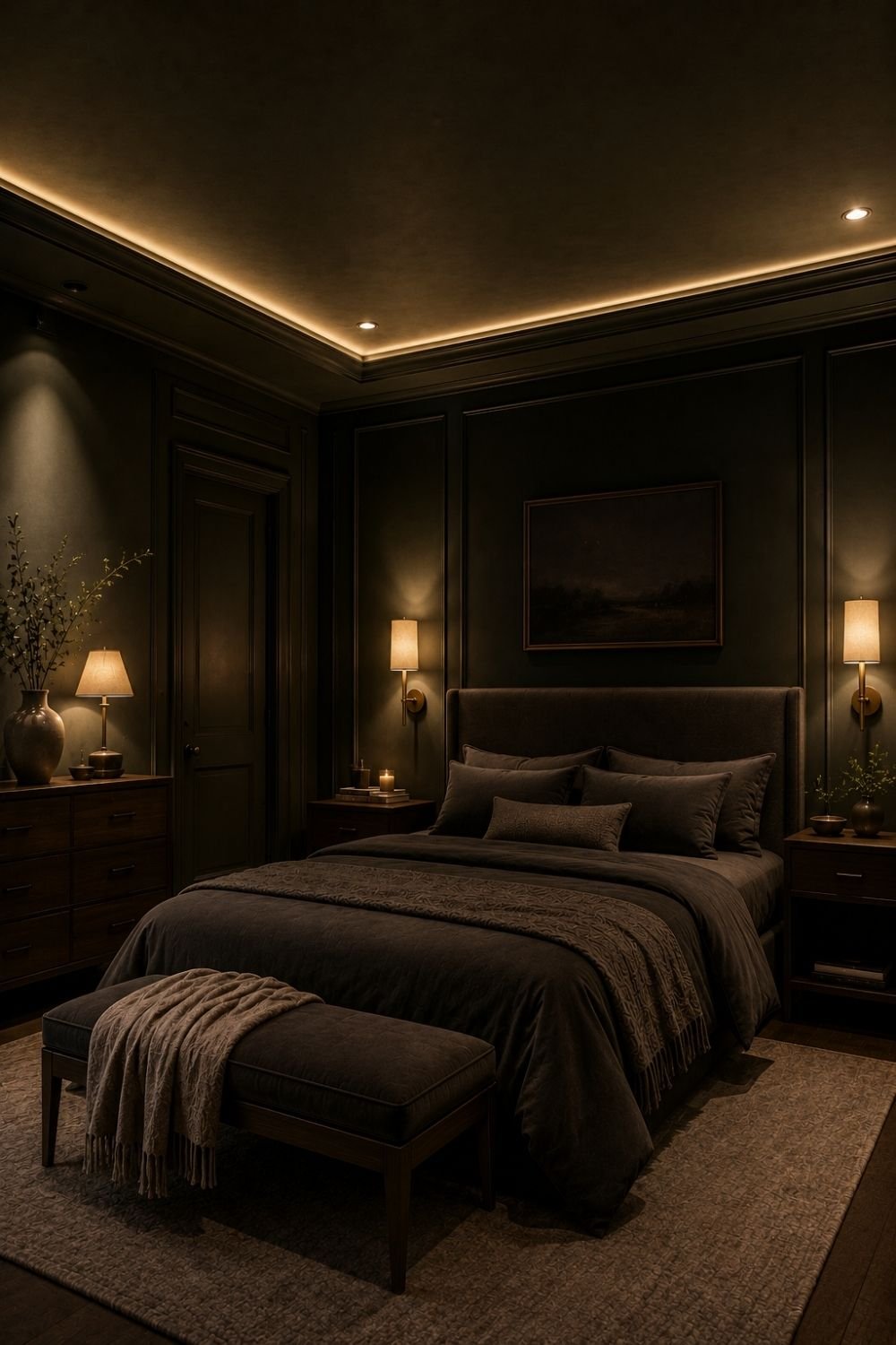 layered lighting color drenched bedroom idea