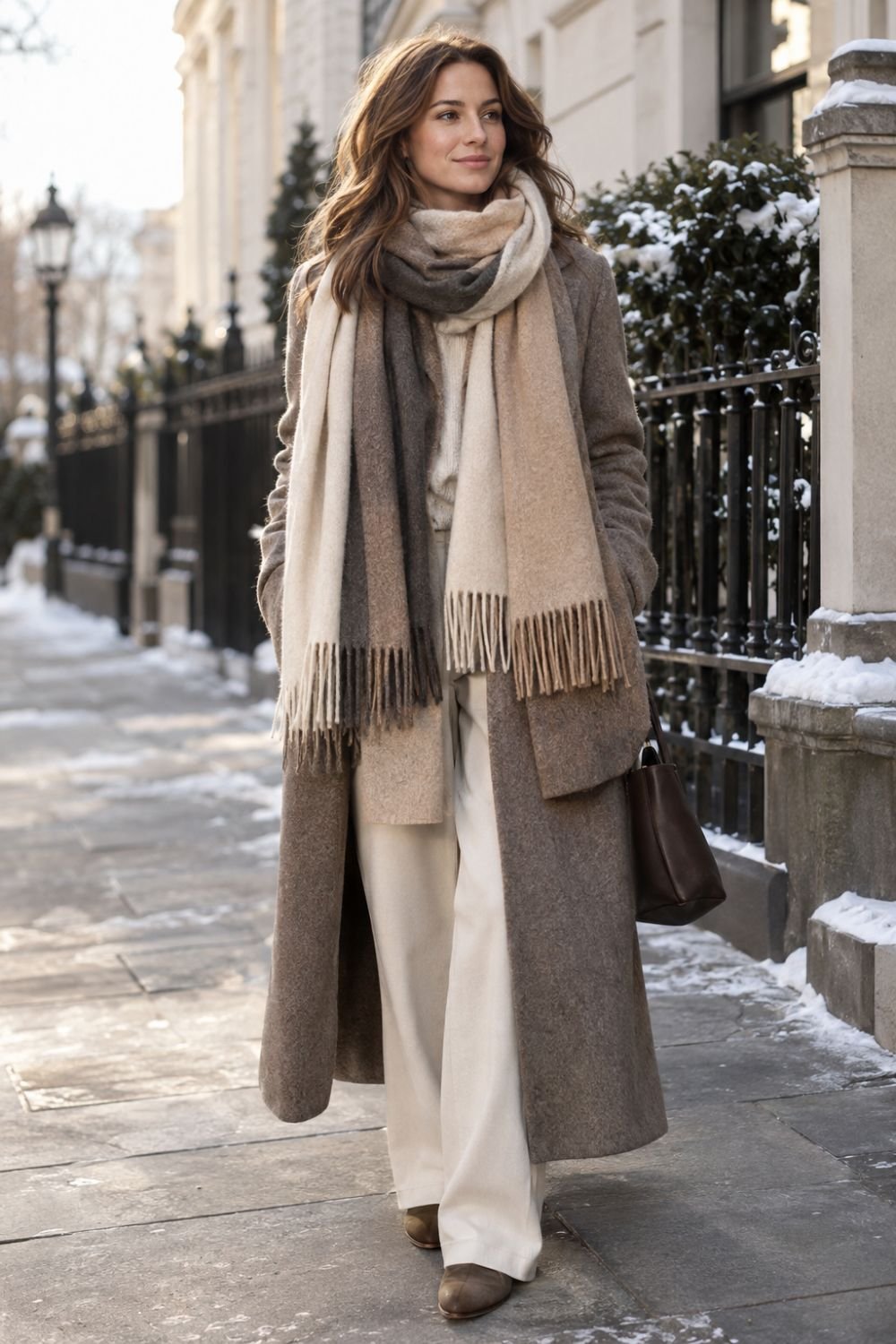 layered scarves outfit idea with wool coat]