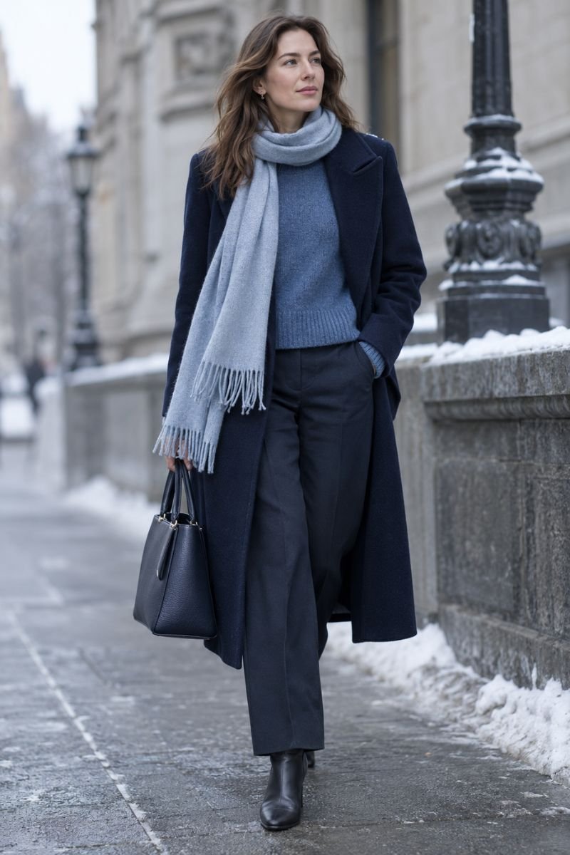 layered tonal blue winter outfit