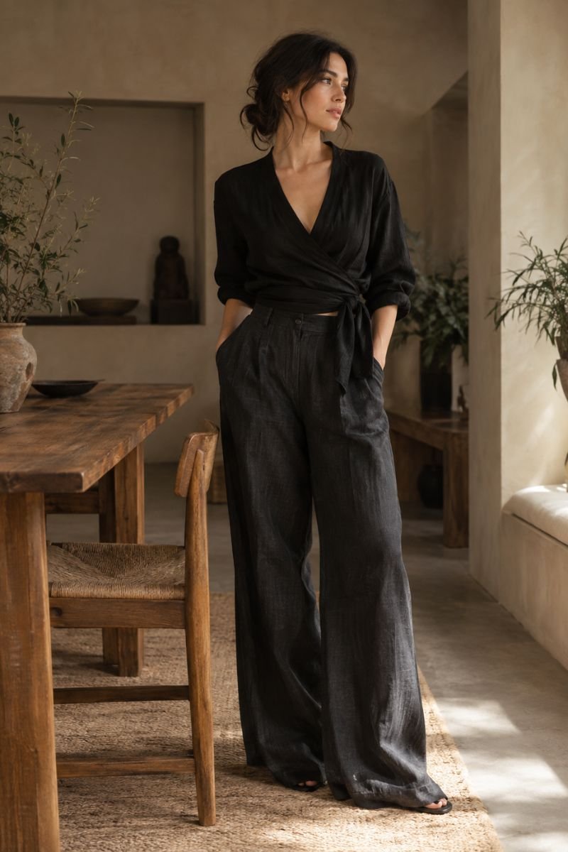 linen wrap top zen goth outfit idea