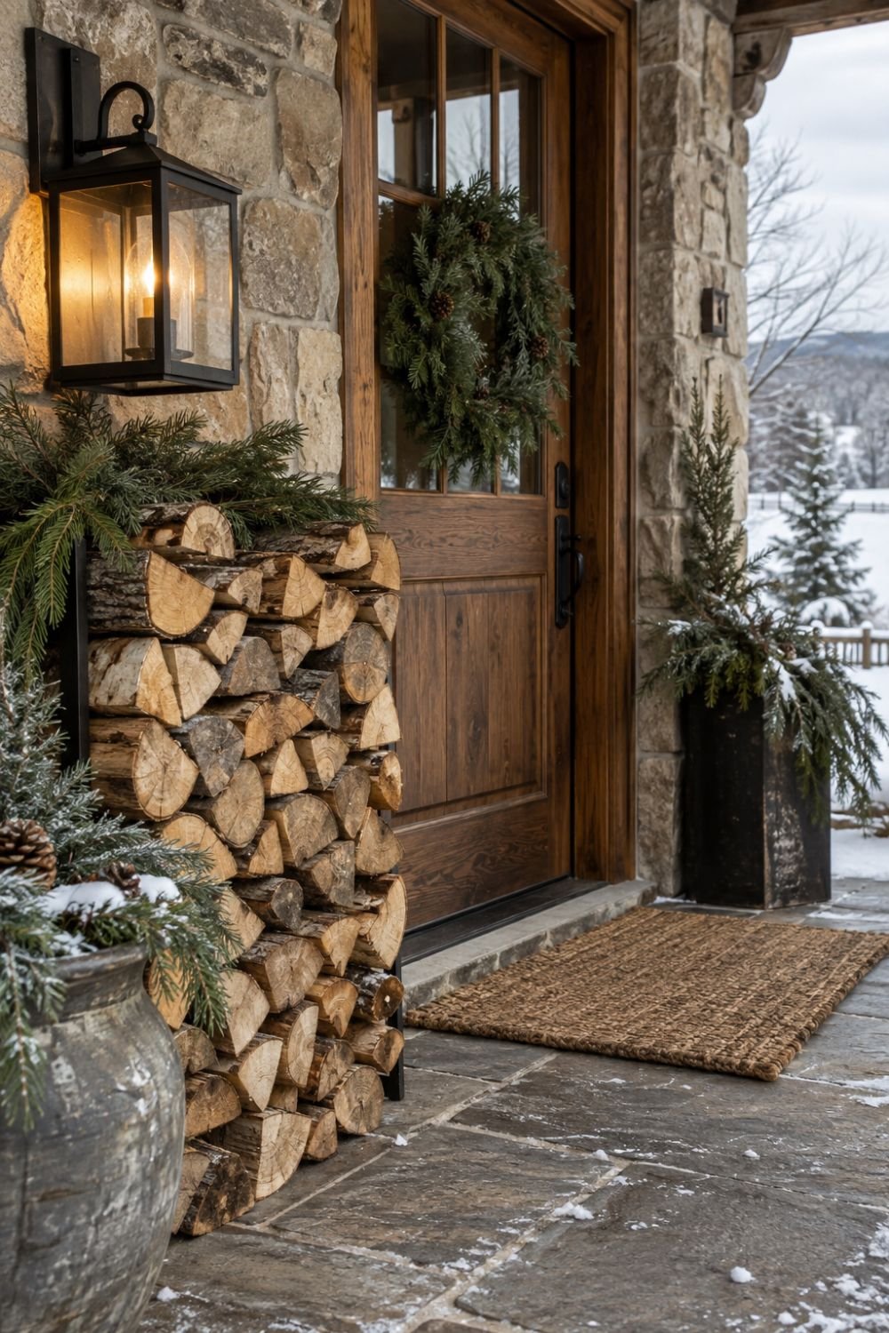 log stack winter front porch idea