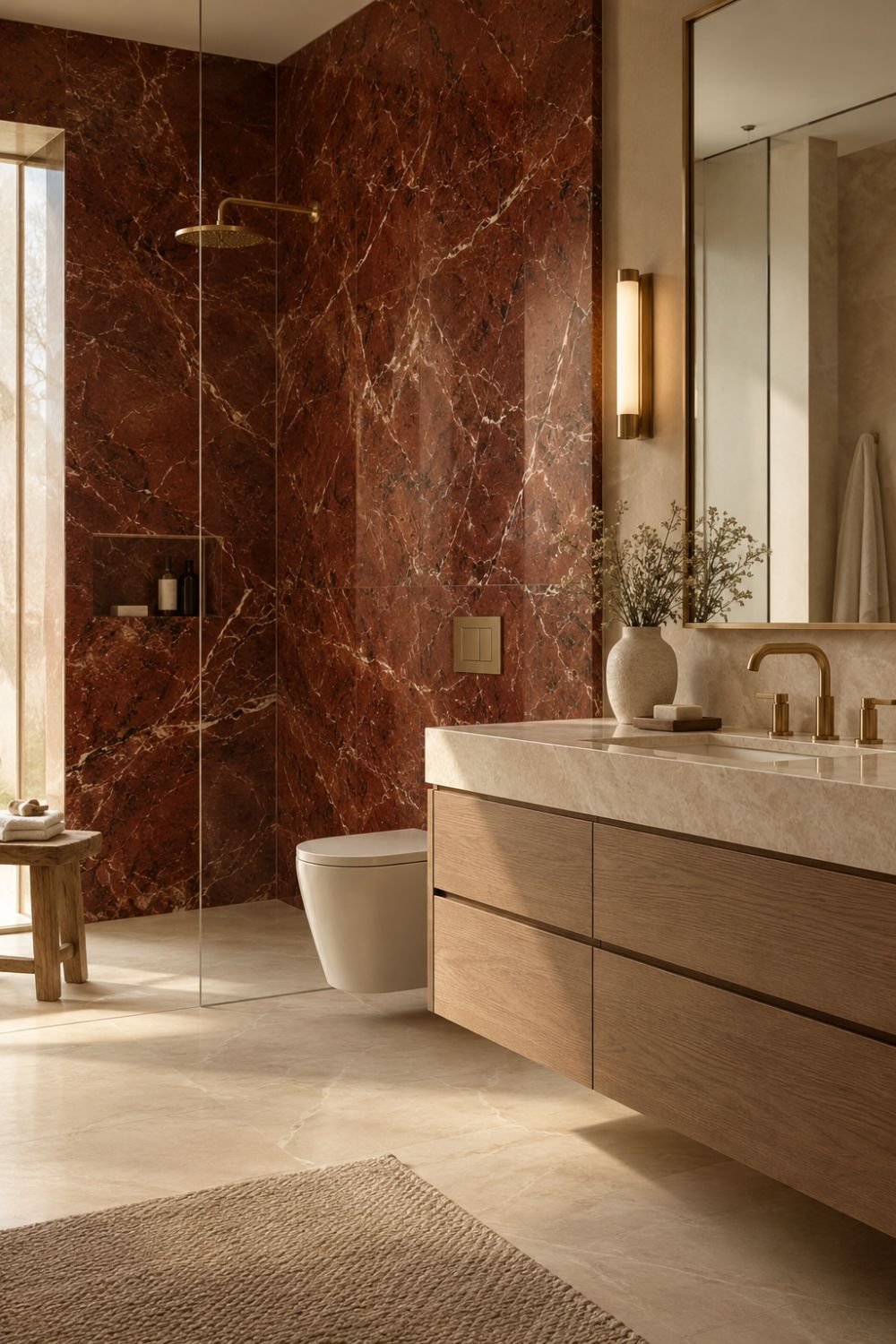 marble look tile red bathroom decor idea