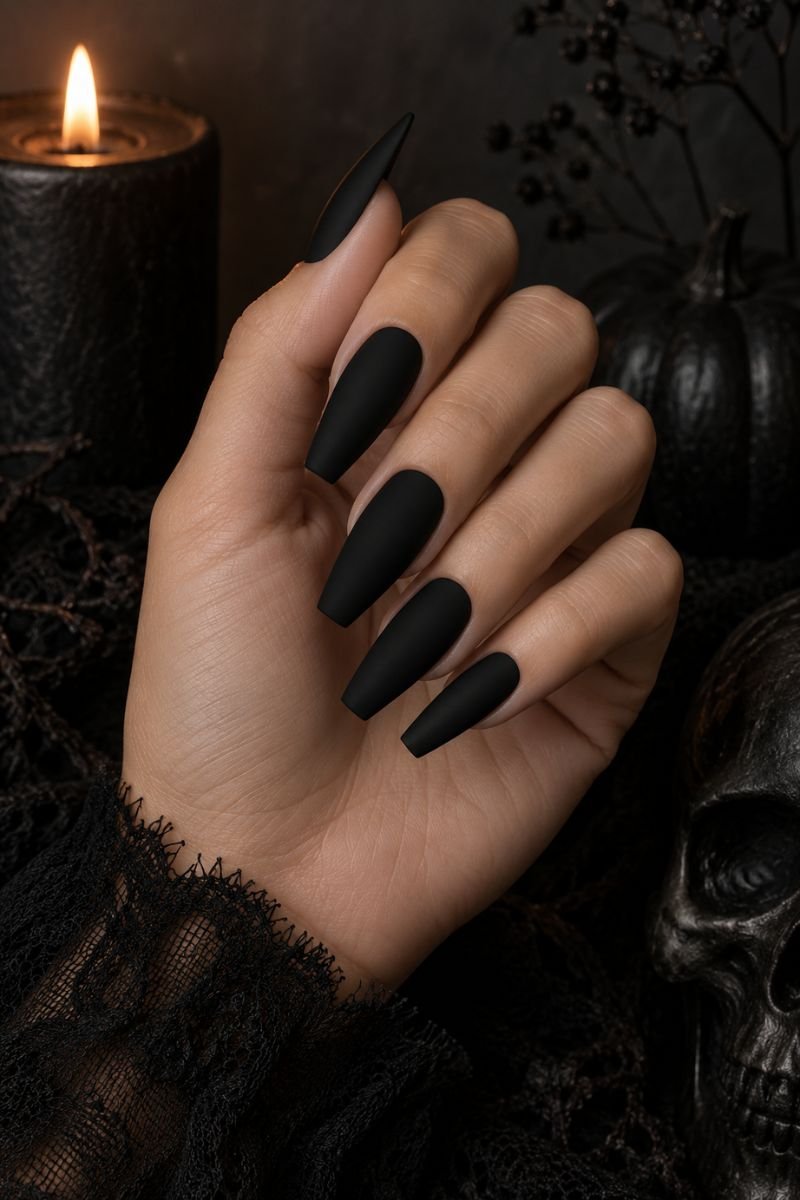 matte black coffin halloween nail design