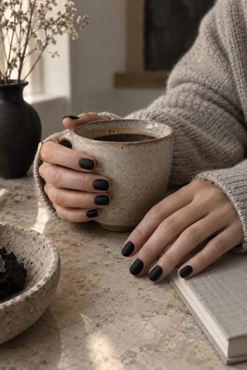 matte black nails zen goth outfit idea