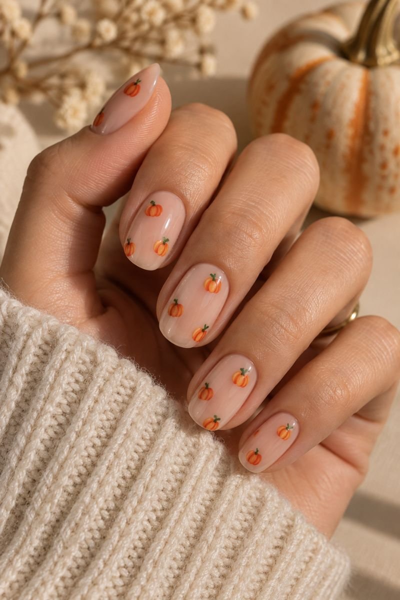 micro pumpkin scatter halloween nail design