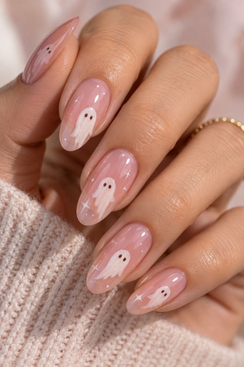 milky ghost halloween nail design