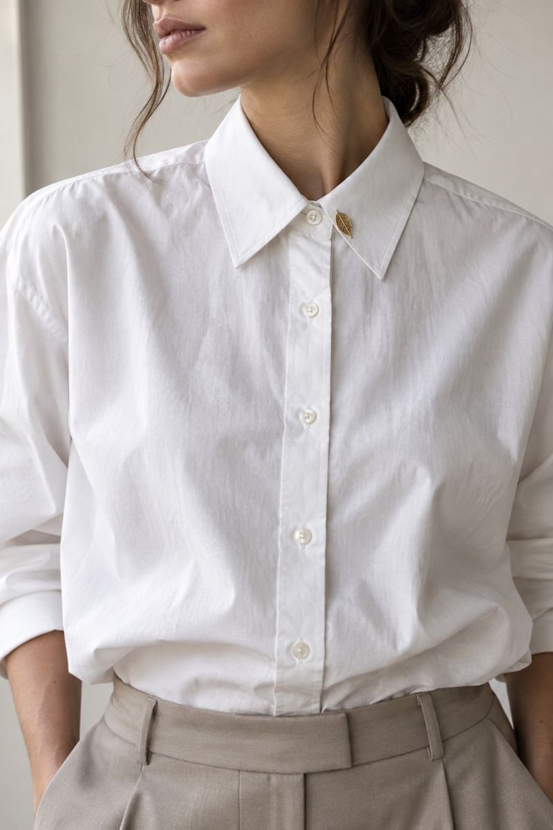 minimalist gold pin on white button down shirt