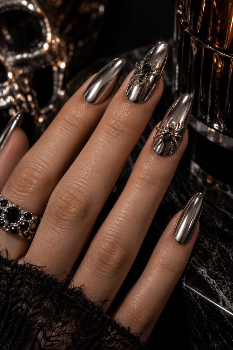 mirror chrome spider halloween nail design