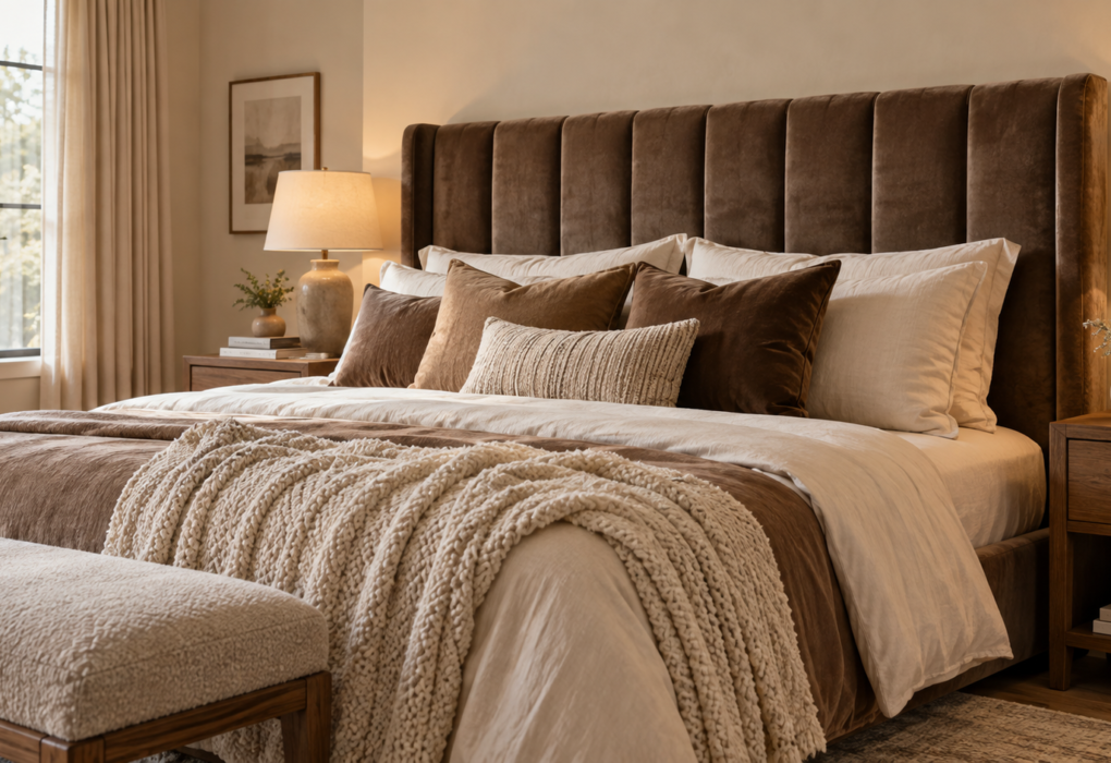 mocha mousse bedroom ideas with velvet headboard and cream bedding