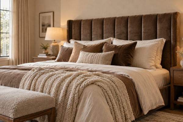 mocha mousse bedroom ideas with velvet headboard and cream bedding