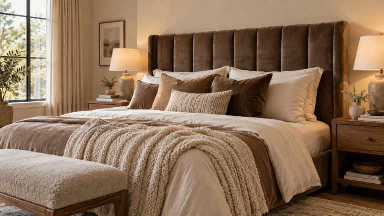 mocha mousse bedroom ideas with velvet headboard and cream bedding