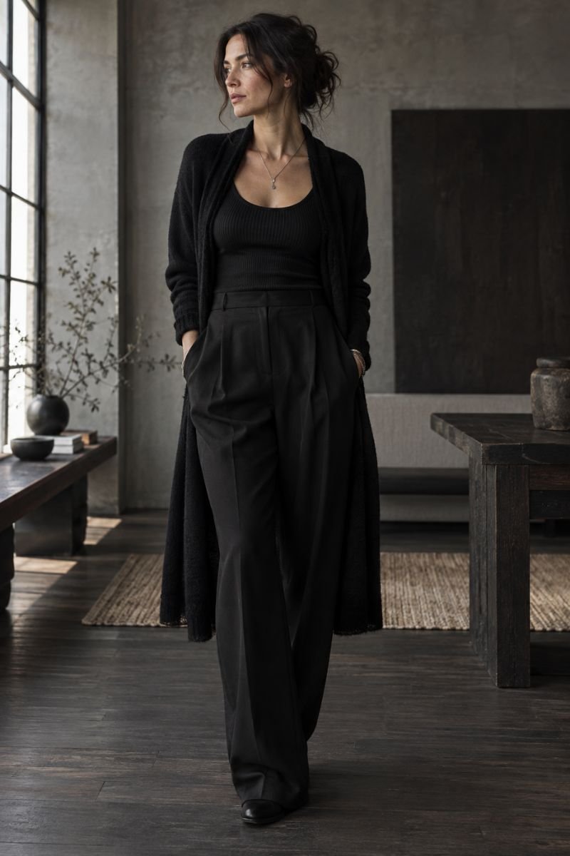 monochrome black layering zen goth outfit idea