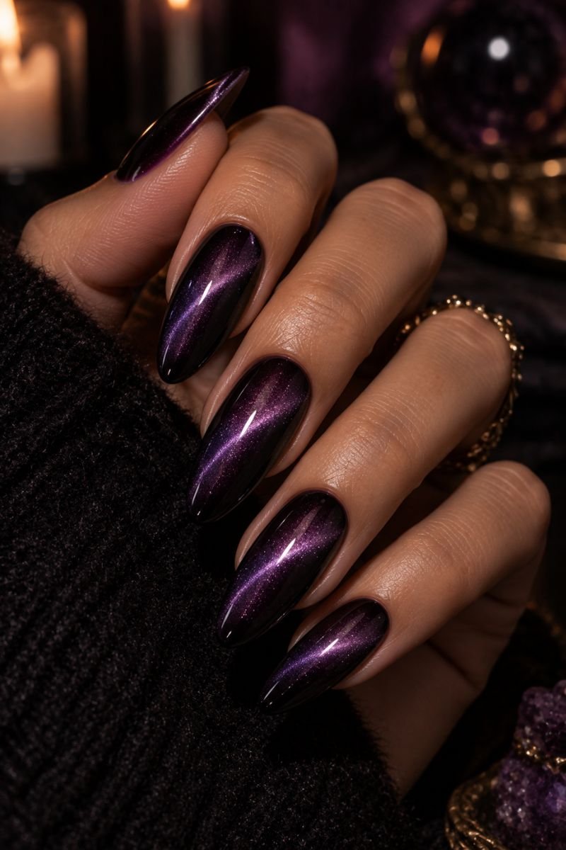 mystic cat eye chrome halloween nail design