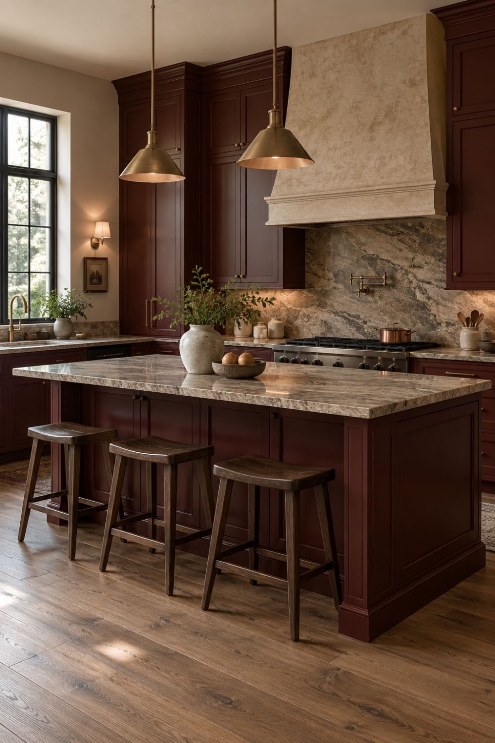 natural stone oxblood kitchen idea