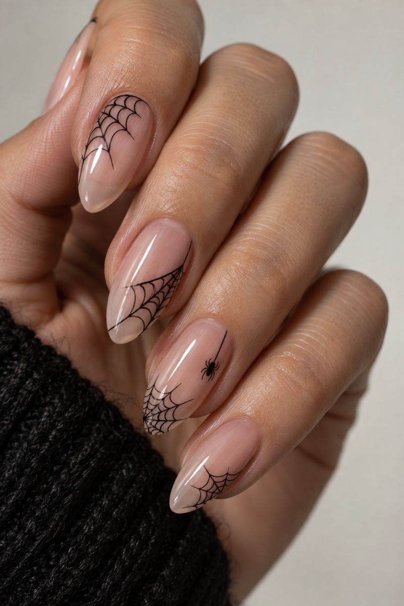 negative space web halloween nail design