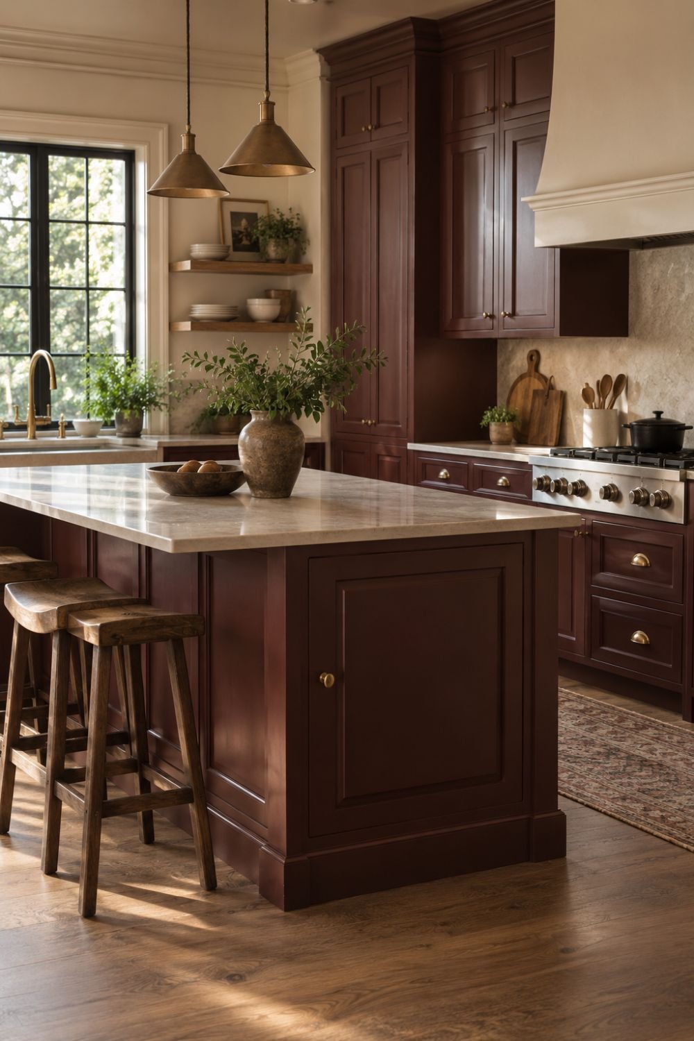 neutral walls oxblood kitchen idea