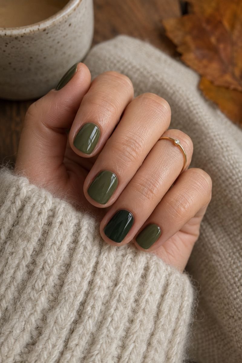 olive forest green fall nail idea