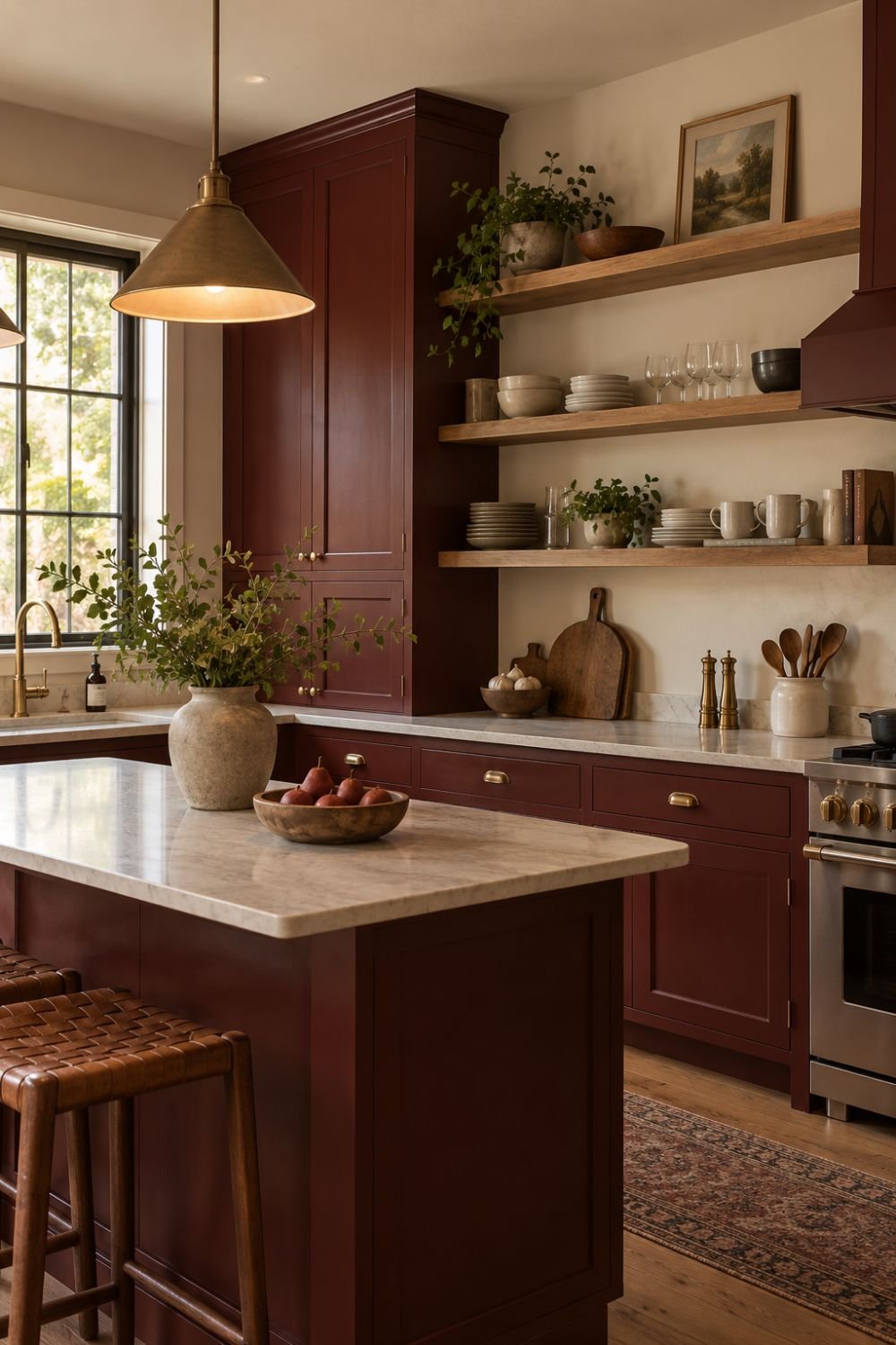 open shelving oxblood kitchen idea