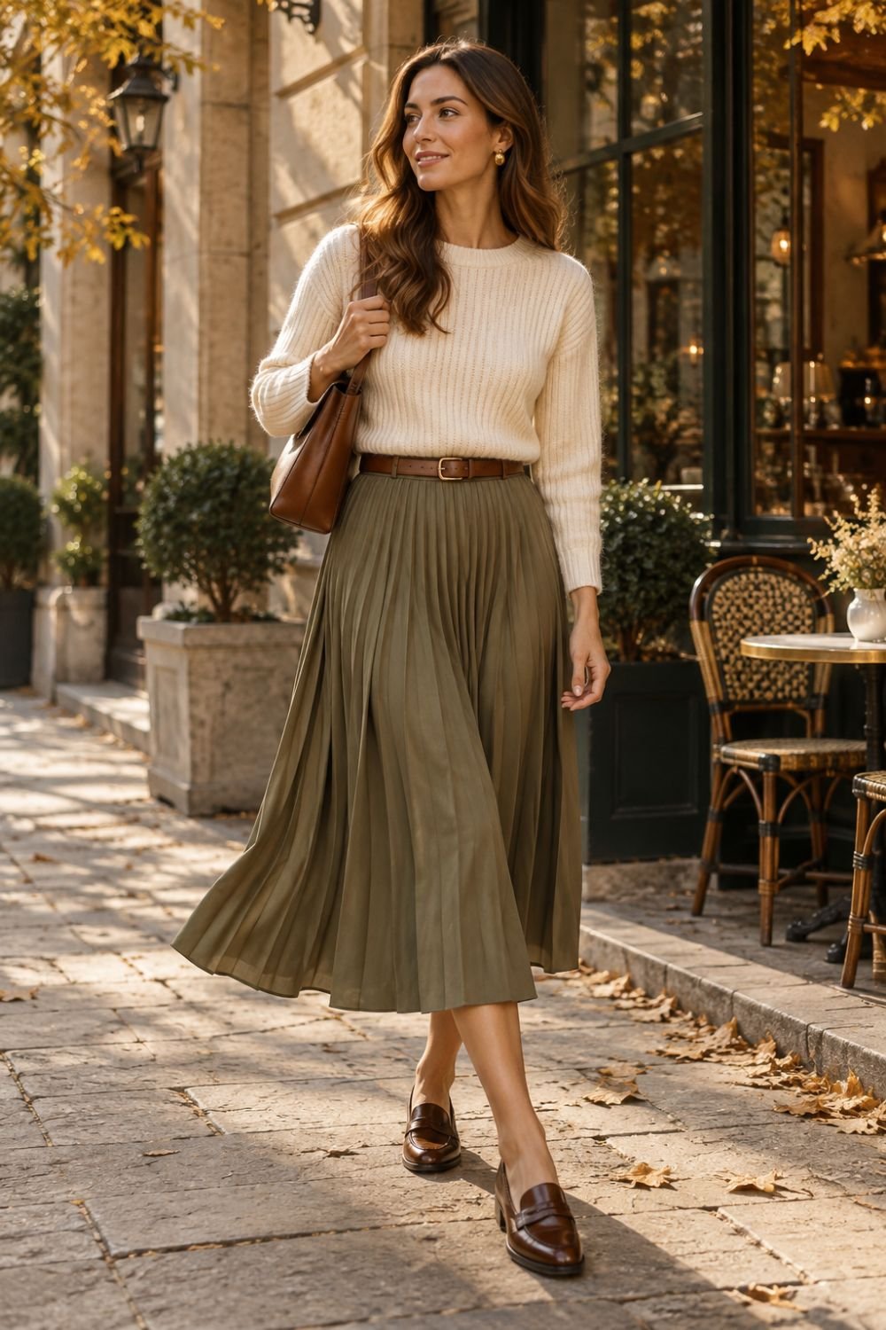 khaki midi skirt outfit with cream sweater for fall