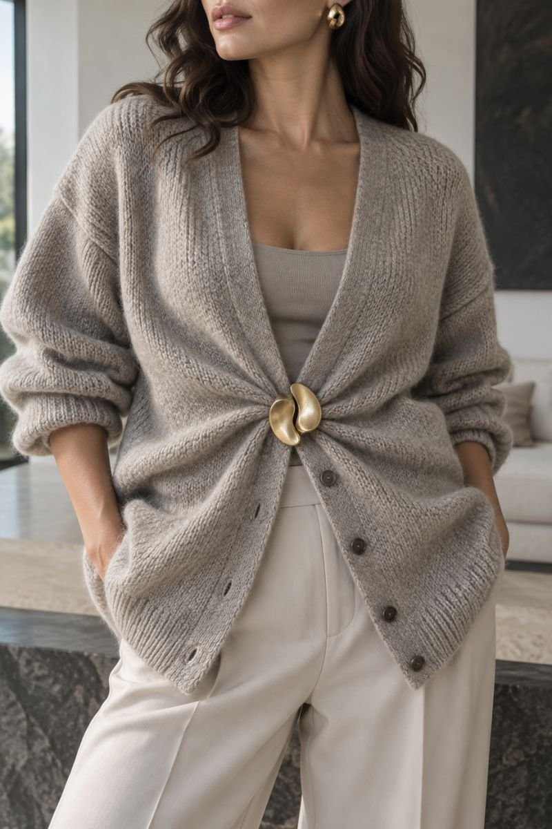 oversized sculptural brooch anchoring open cardigan
