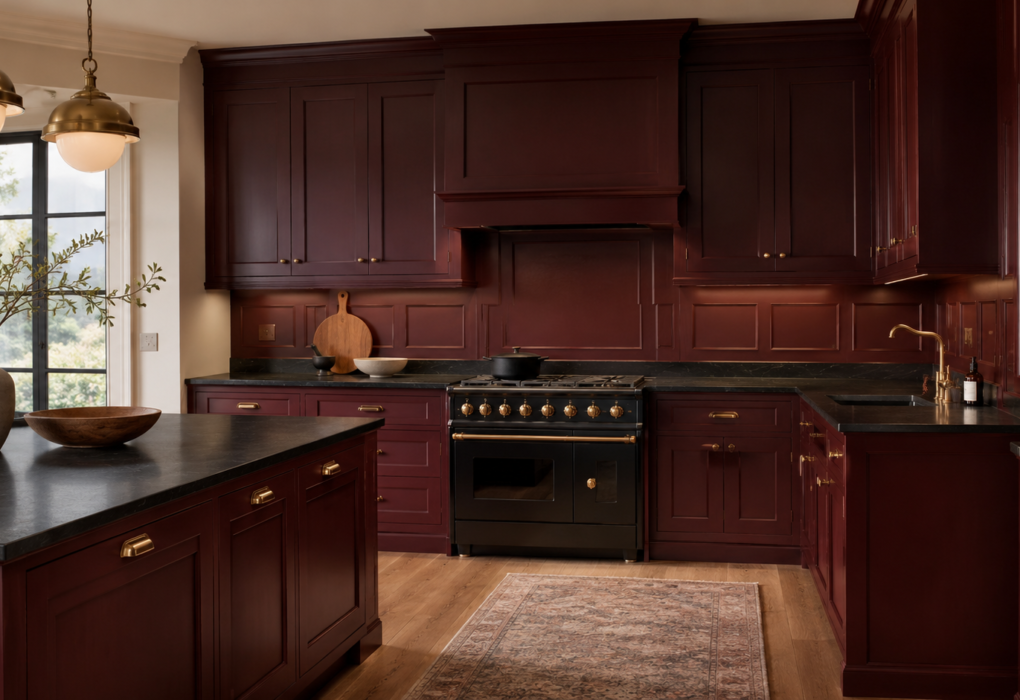 oxblood kitchen ideas with red cabinets and brass hardware