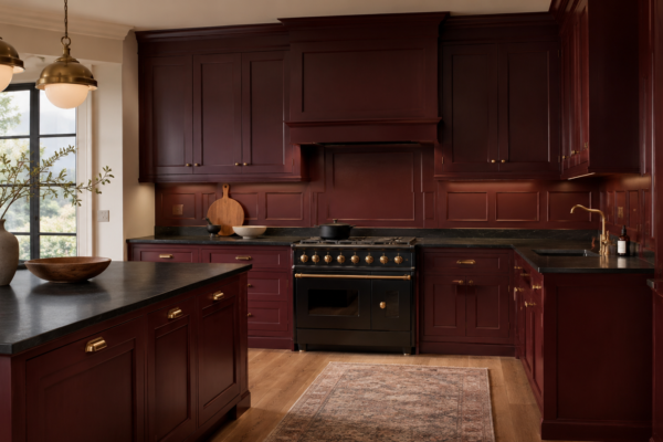oxblood kitchen ideas with red cabinets and brass hardware
