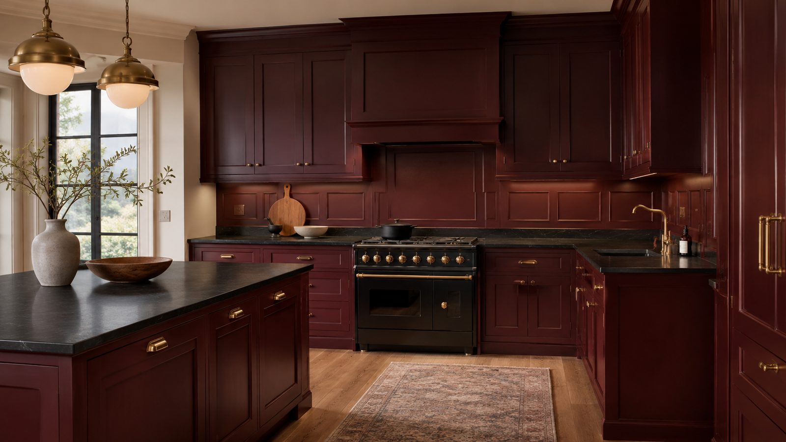 oxblood kitchen ideas with red cabinets and brass hardware
