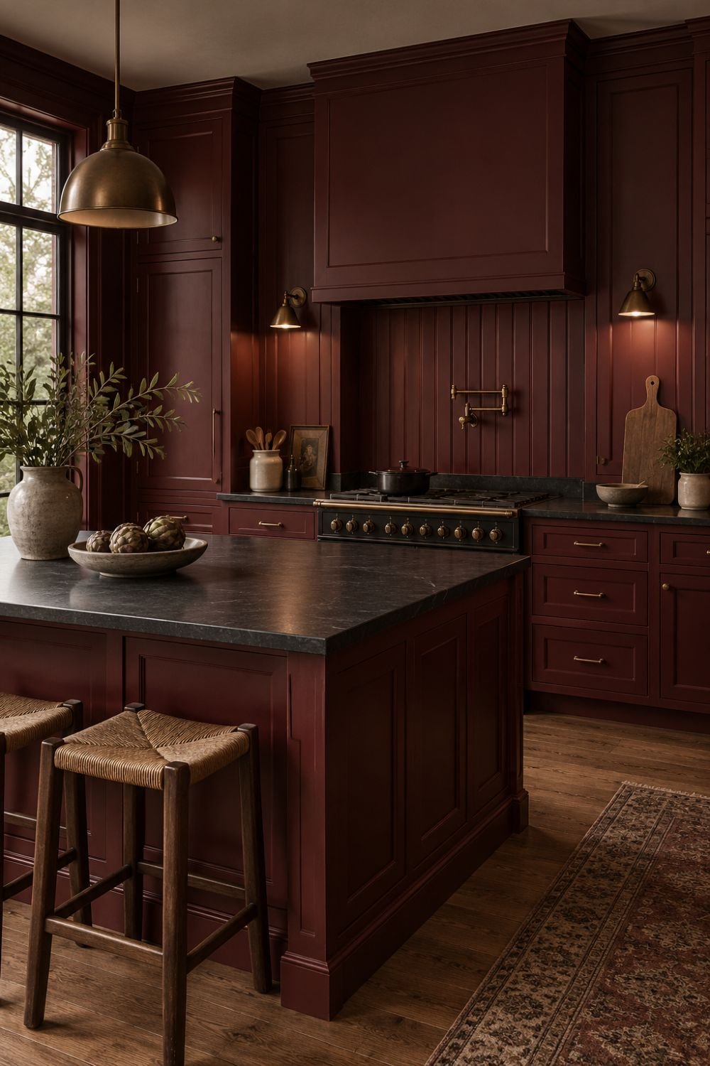 paneled backsplash oxblood kitchen idea