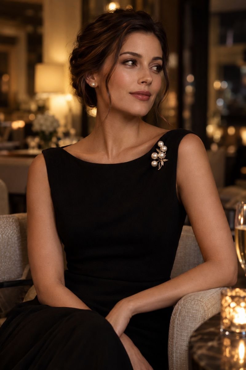 pearl brooch pinned on little black dress shoulder