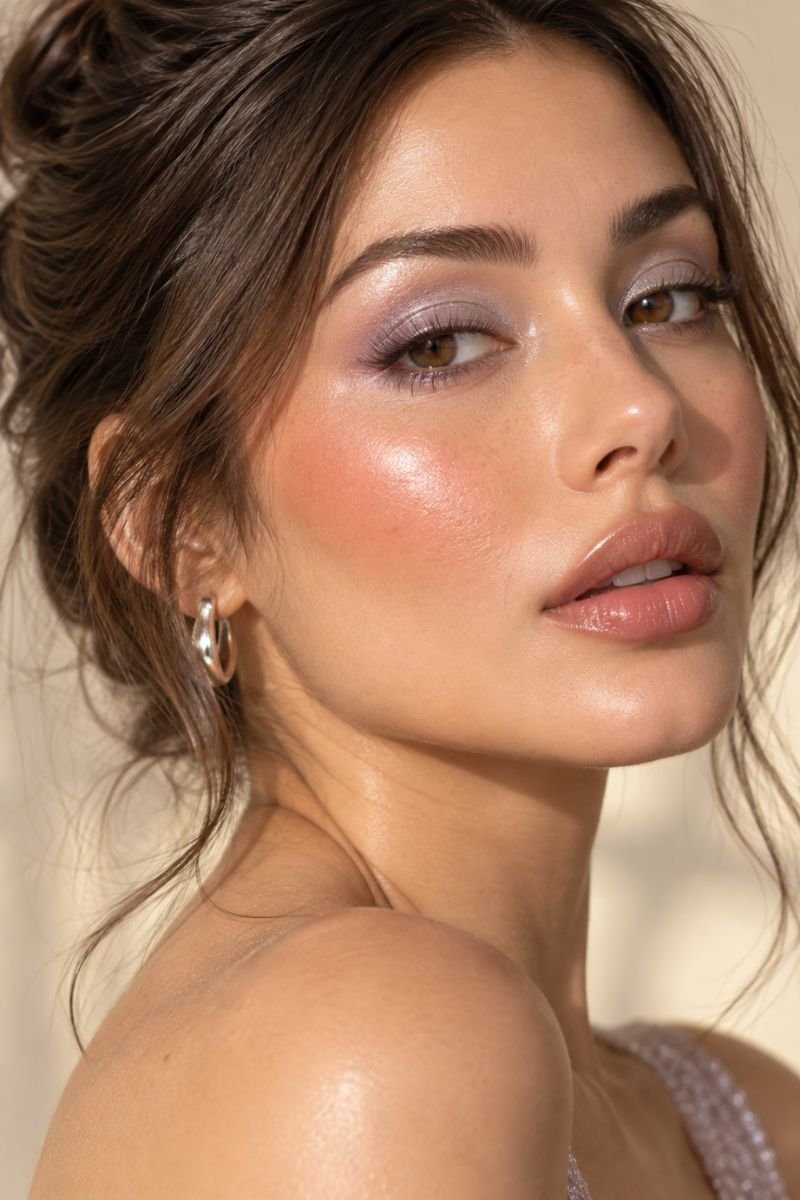 pearly peach frosted blush makeup idea