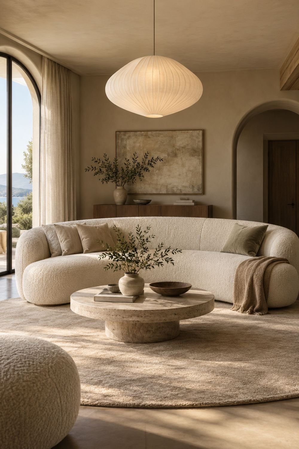 pendant lighting curved sofa living room idea