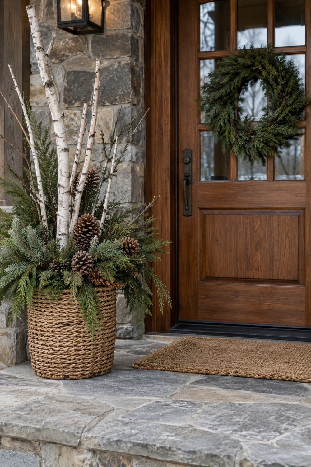 pinecones birch winter front porch idea