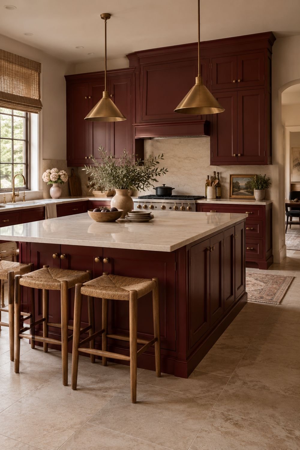 pink accent oxblood kitchen idea